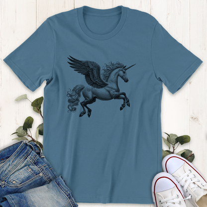 Steel blue color winged unicorn in flight  graphic t-shirt by Thistle and Brass