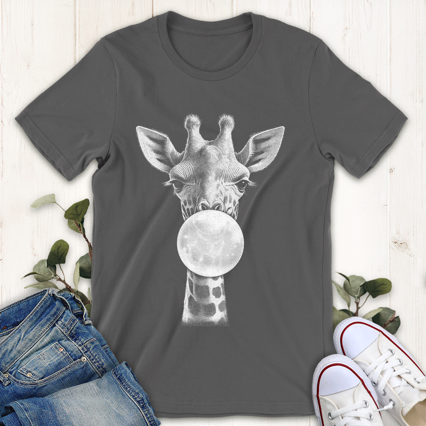 Asphalt gray giraffe bubblegum graphic t-shirt by Thistle and Brass