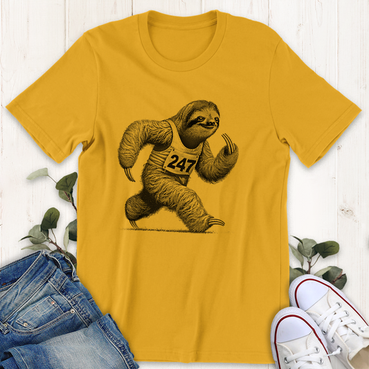 mustard gold yellow slow sloth runner marathon funny graphic t-shirt by Thistle and Brass